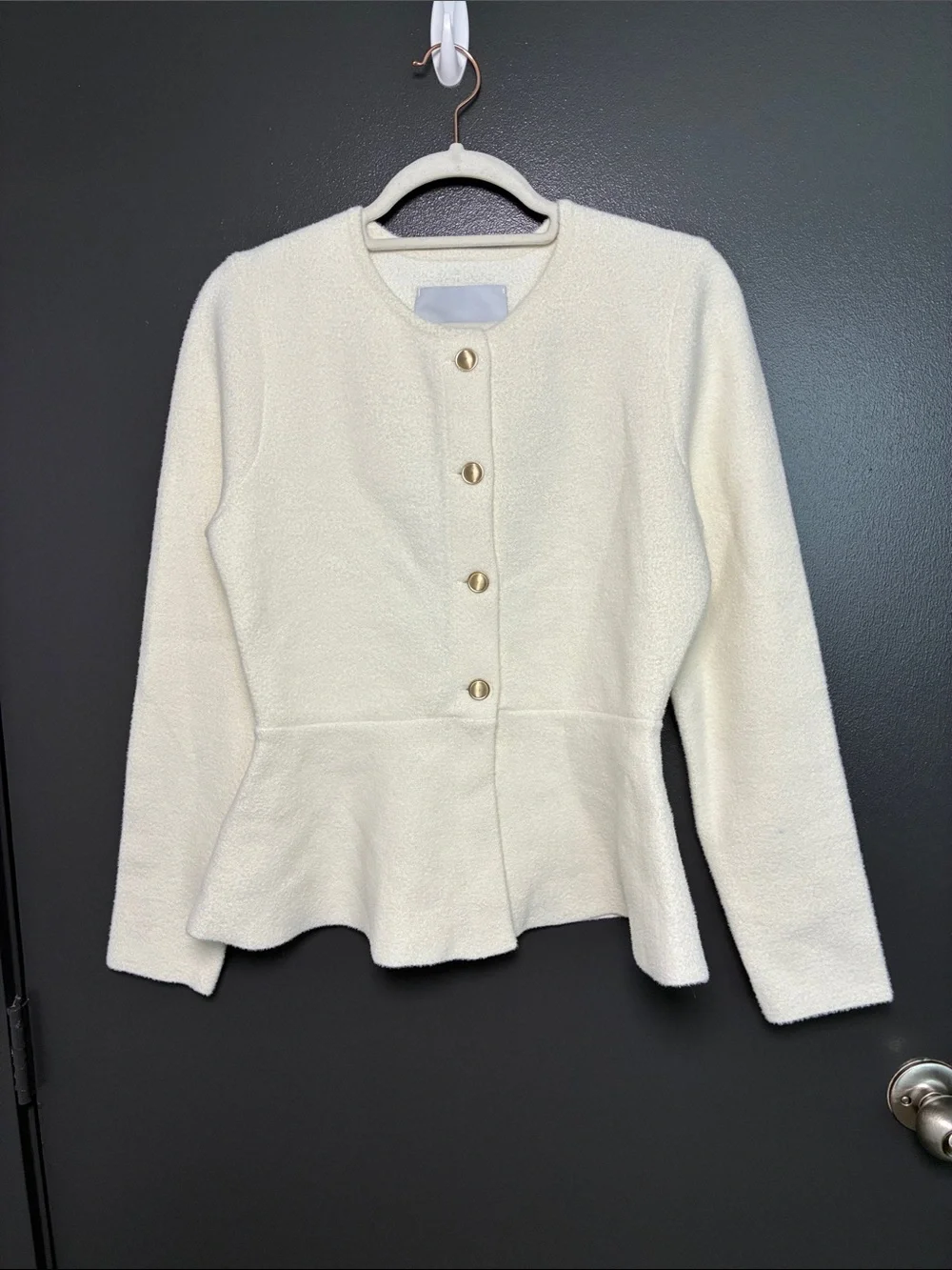 NWT NVLT Cream NVLT Sculpted Knit Collarless Blazer Jacket  Peplum Sz S - Picture 4 of 9